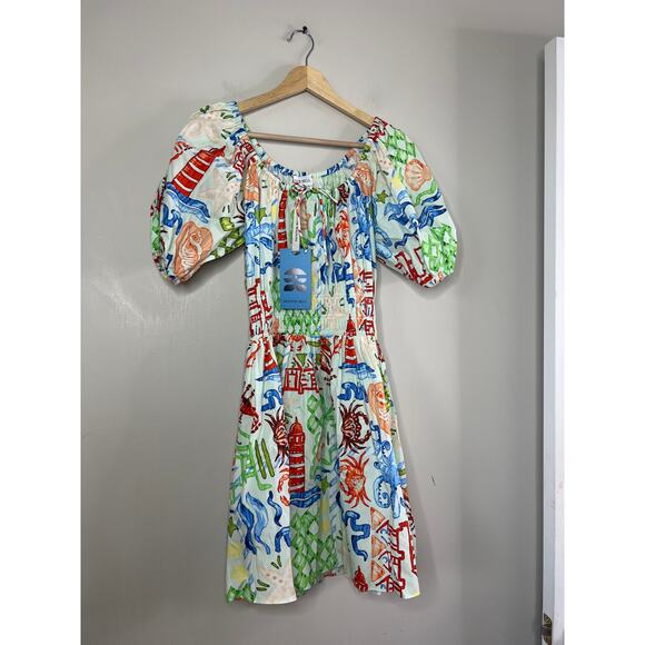 NWT Hunter Bell Scoop Neck Smocked Waist Bell Drew Mini Dress Surfside Size: 0 - Picture 2 of 8